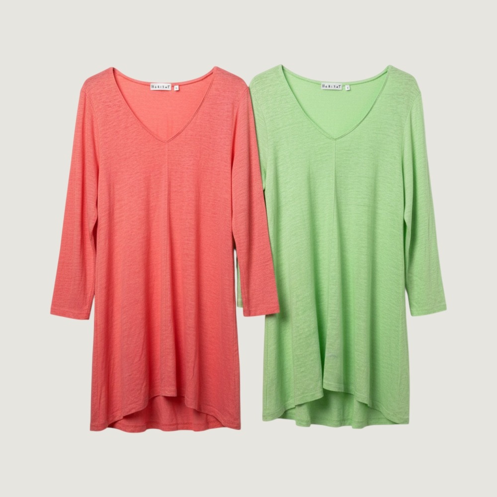 Habitat Women's 100% Linen V-Neck 3/4 Sleeve Tunic Top Lot of 2 Pink Green Small